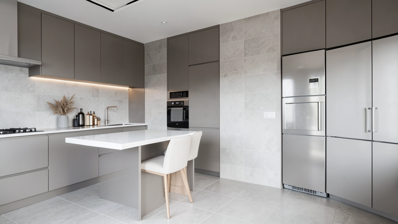 Duże płytki między meblami w kuchni