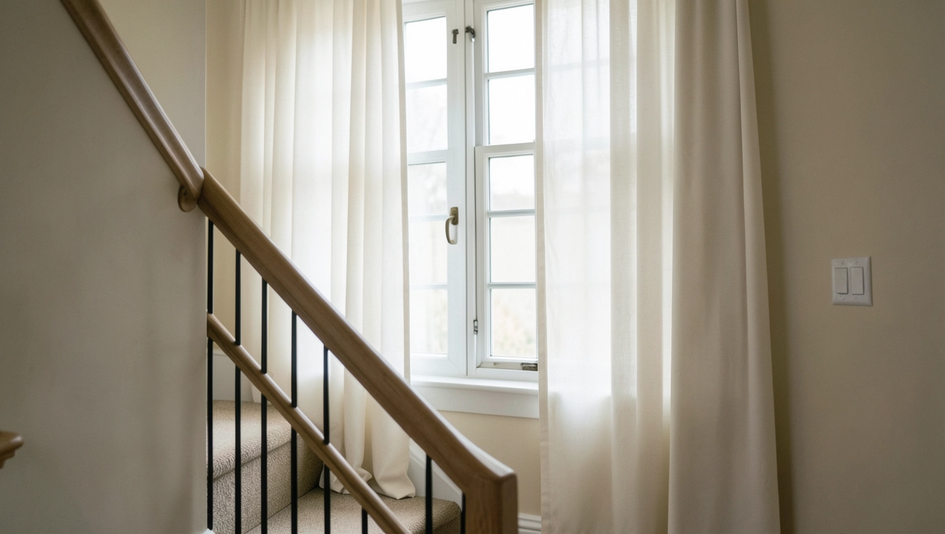 Firanki na okno na klatce schodowej
