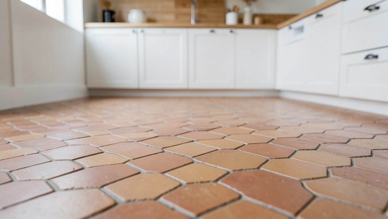 Heksagonalne płytki terakotowe w kuchni