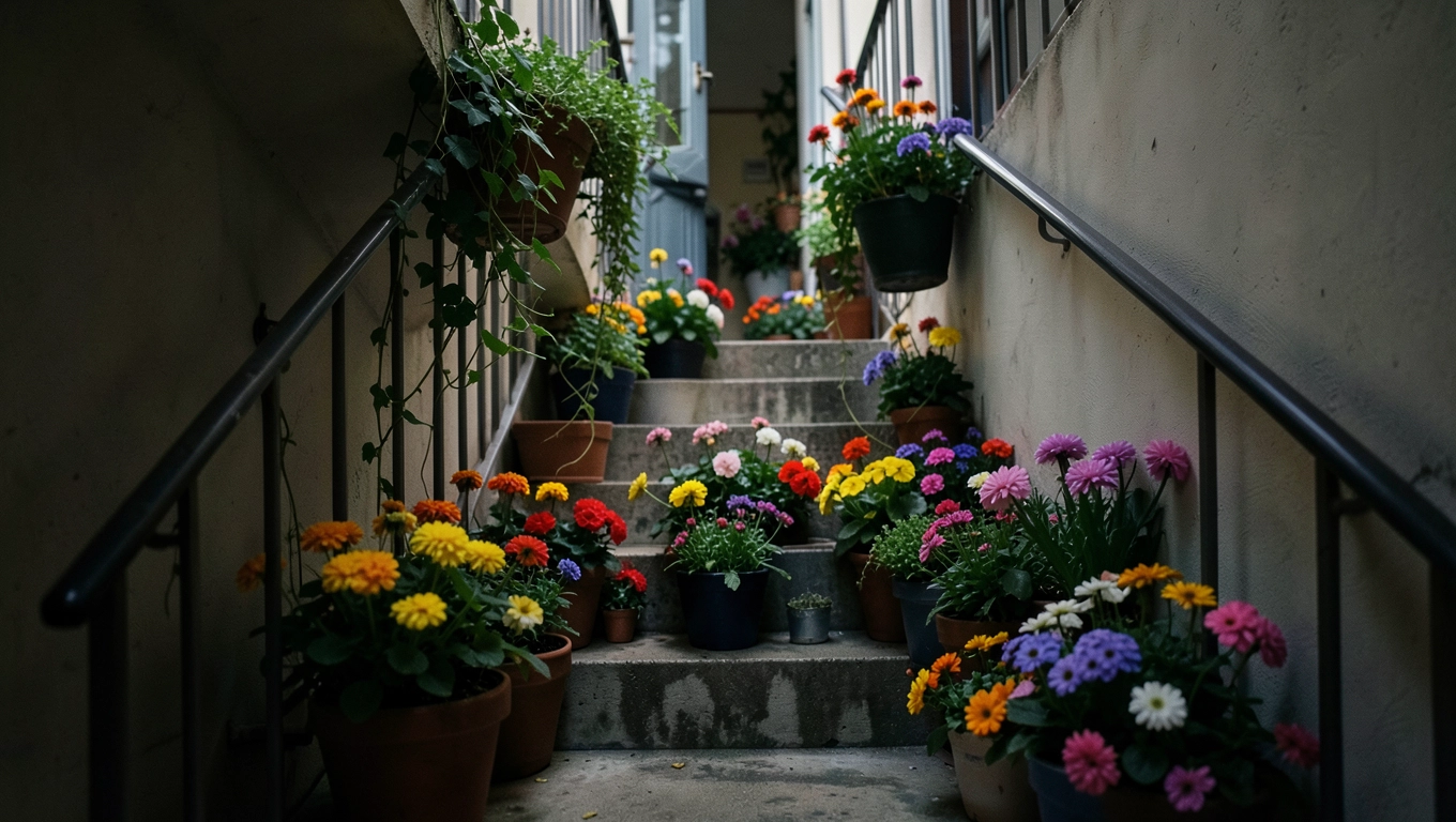 Kwiaty na klatce schodowej w bloku