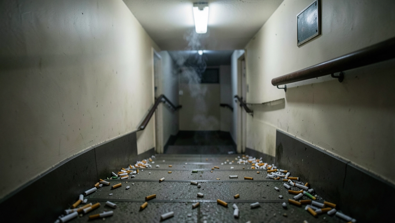 Palenie papierosów na klatce schodowej w bloku