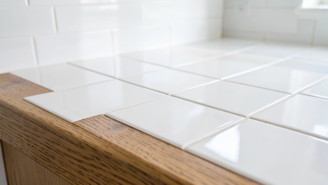 Płytki do białej kuchni z drewnianym blatem