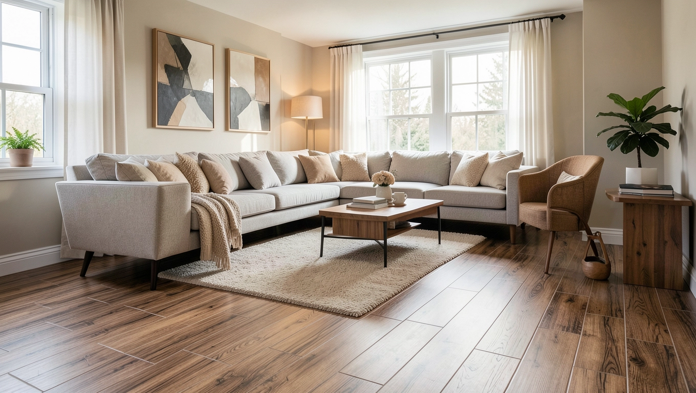 Płytki drewnopodobne w salonie aranżacje