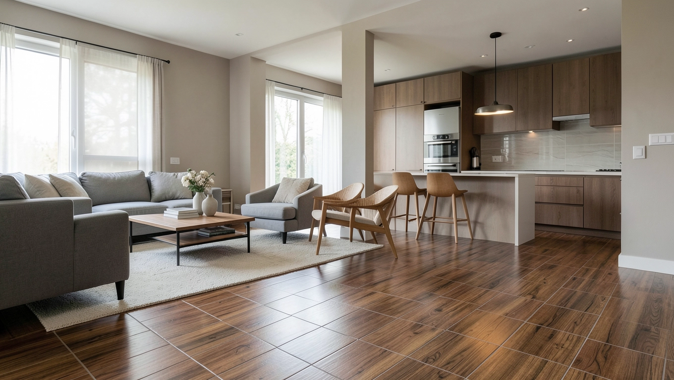 Płytki drewnopodobne w salonie i kuchni