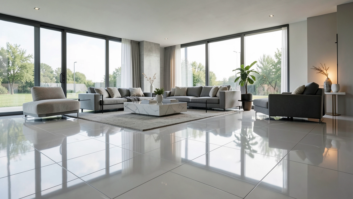 Płytki na wysoki połysk w salonie