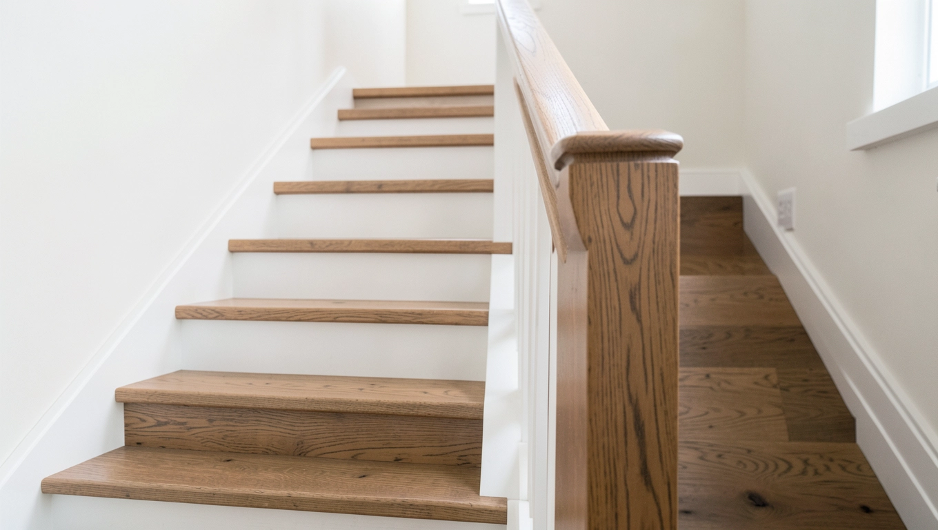 Schody drewniane z białymi podstopniami
