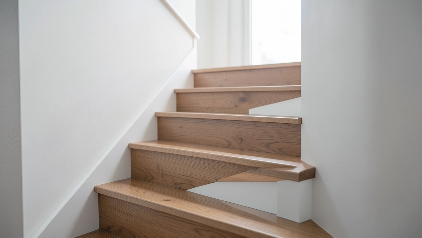 Schody jesionowe z białymi podstopniami