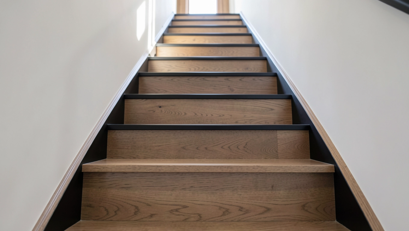 Schody jesionowe z czarnymi podstopniami