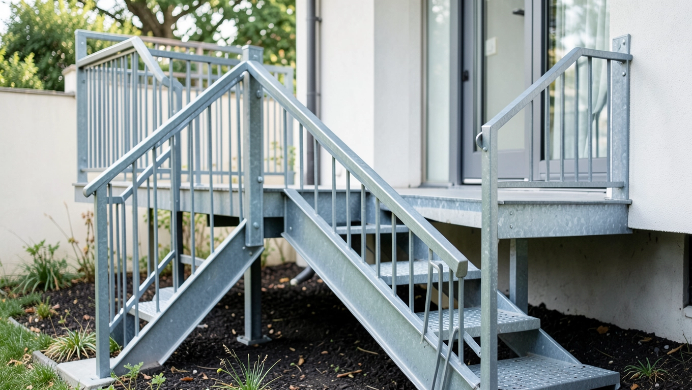 Schody metalowe zewnętrzne z podestem i barierką