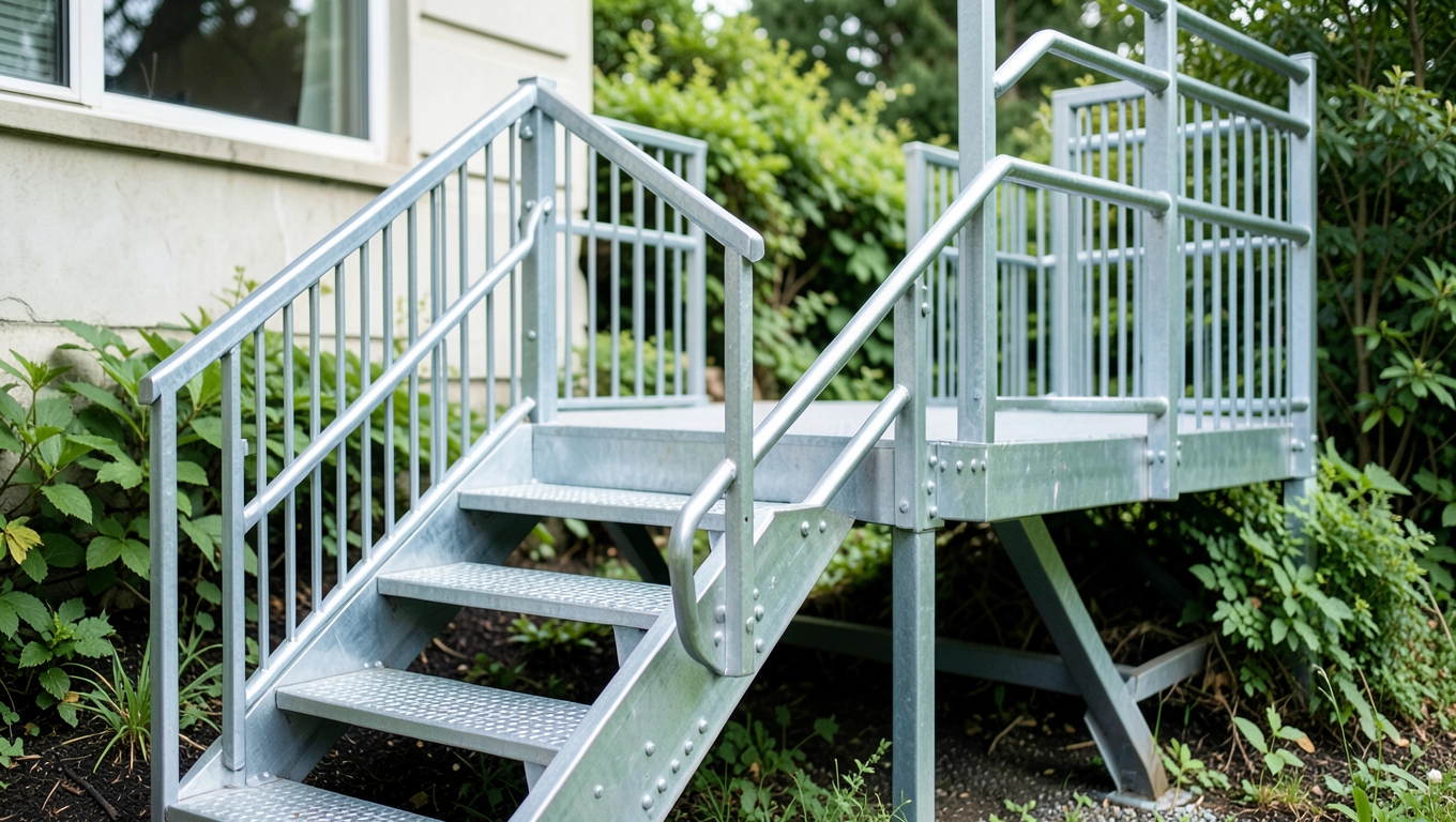 Schody metalowe zewnętrzne z podestem