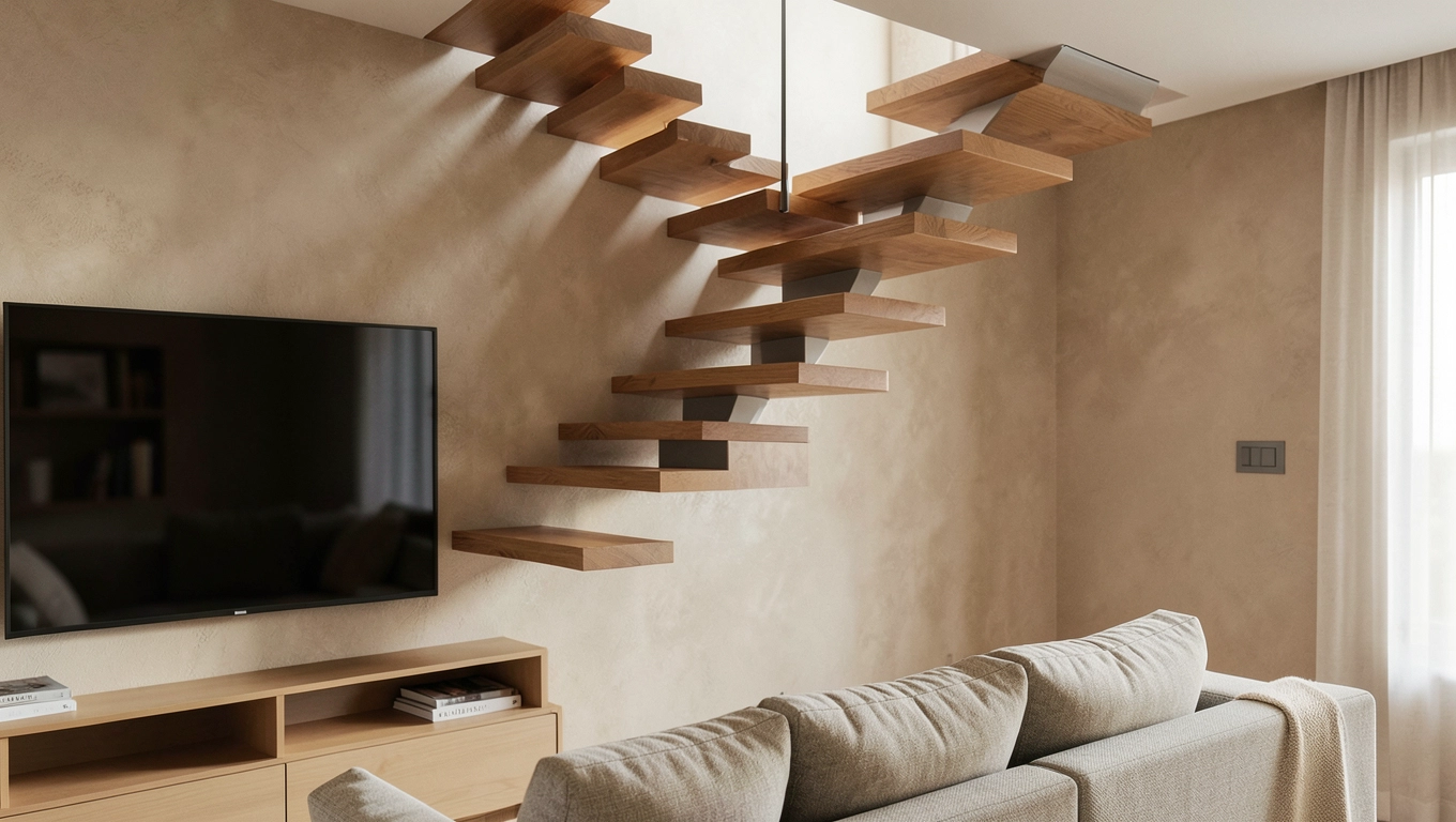 Schody w salonie nad telewizorem