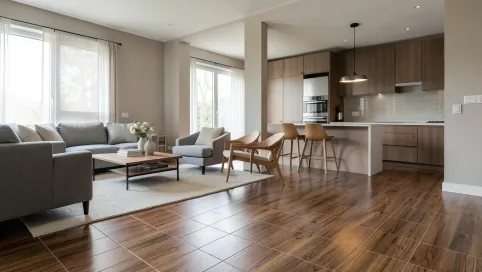 Płytki drewnopodobne w salonie i kuchni