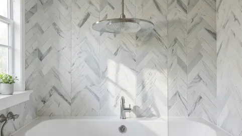 Płytki w jodełkę na ścianie łazienka