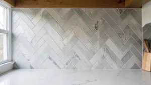 Płytki w jodełkę na ścianie w kuchni