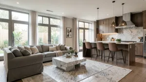 Płytki w salonie z aneksem