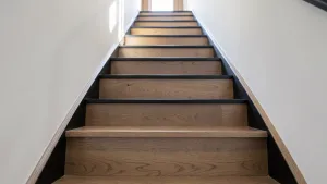 Schody jesionowe z czarnymi podstopniami