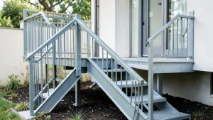 Schody metalowe zewnętrzne z podestem i barierką