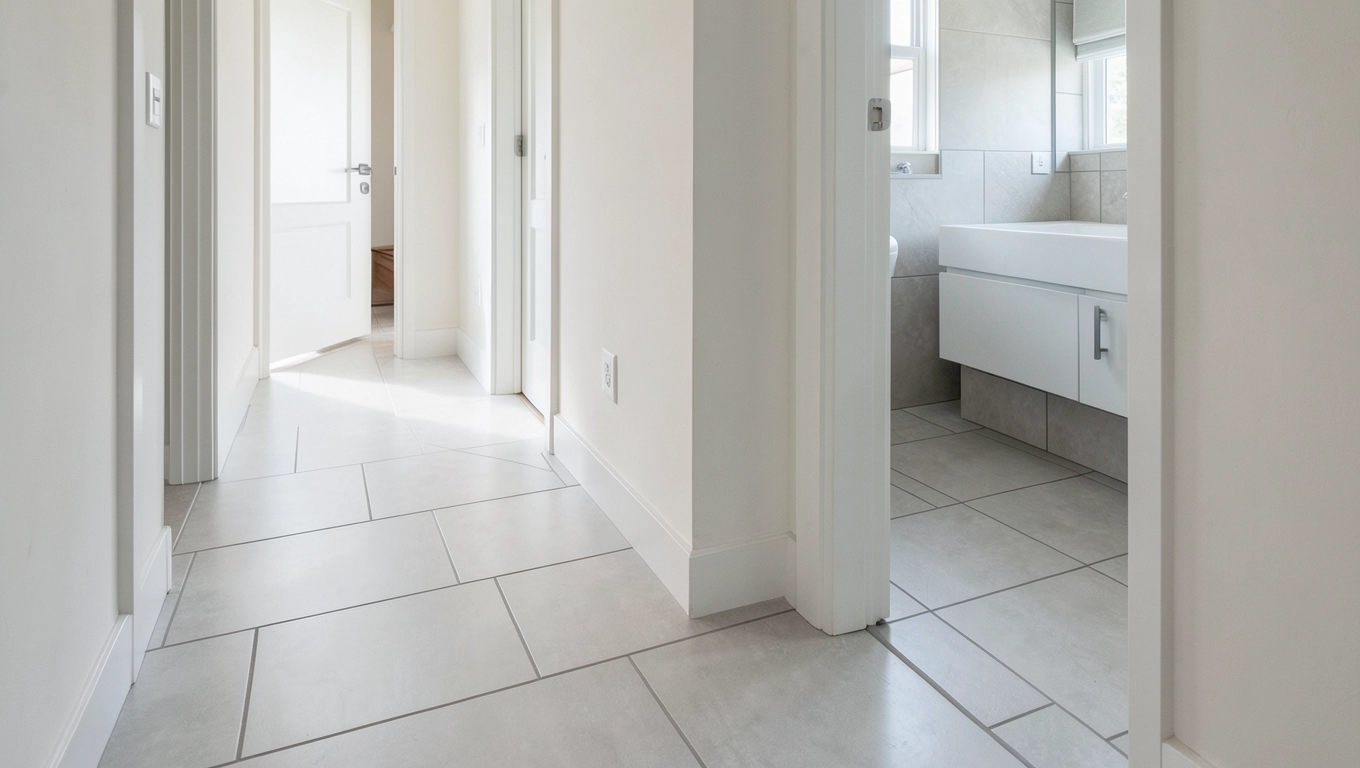 Takie same płytki w przedpokoju i łazience